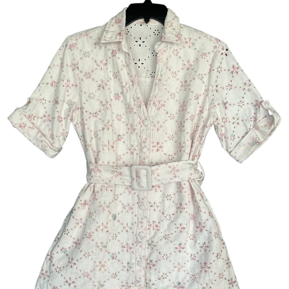 Eyelet Accented Pastel Button-Up Collared Dress with Belt | XS - #23